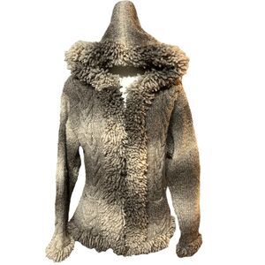 Bolivian Imports 100% Wool Chunky Cable Knit Sweater Jacket Hooded Fringe Small